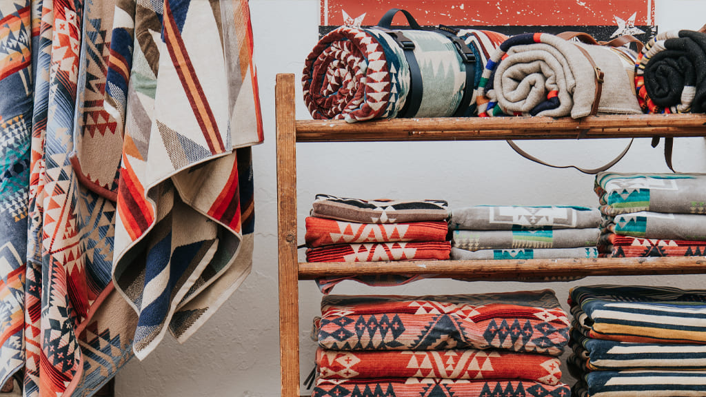 home and interior design with pendleton blanekts, coffee mugs